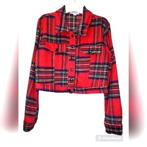 Favlux Fashion Med red plaid cropped flannel shacket / jacket